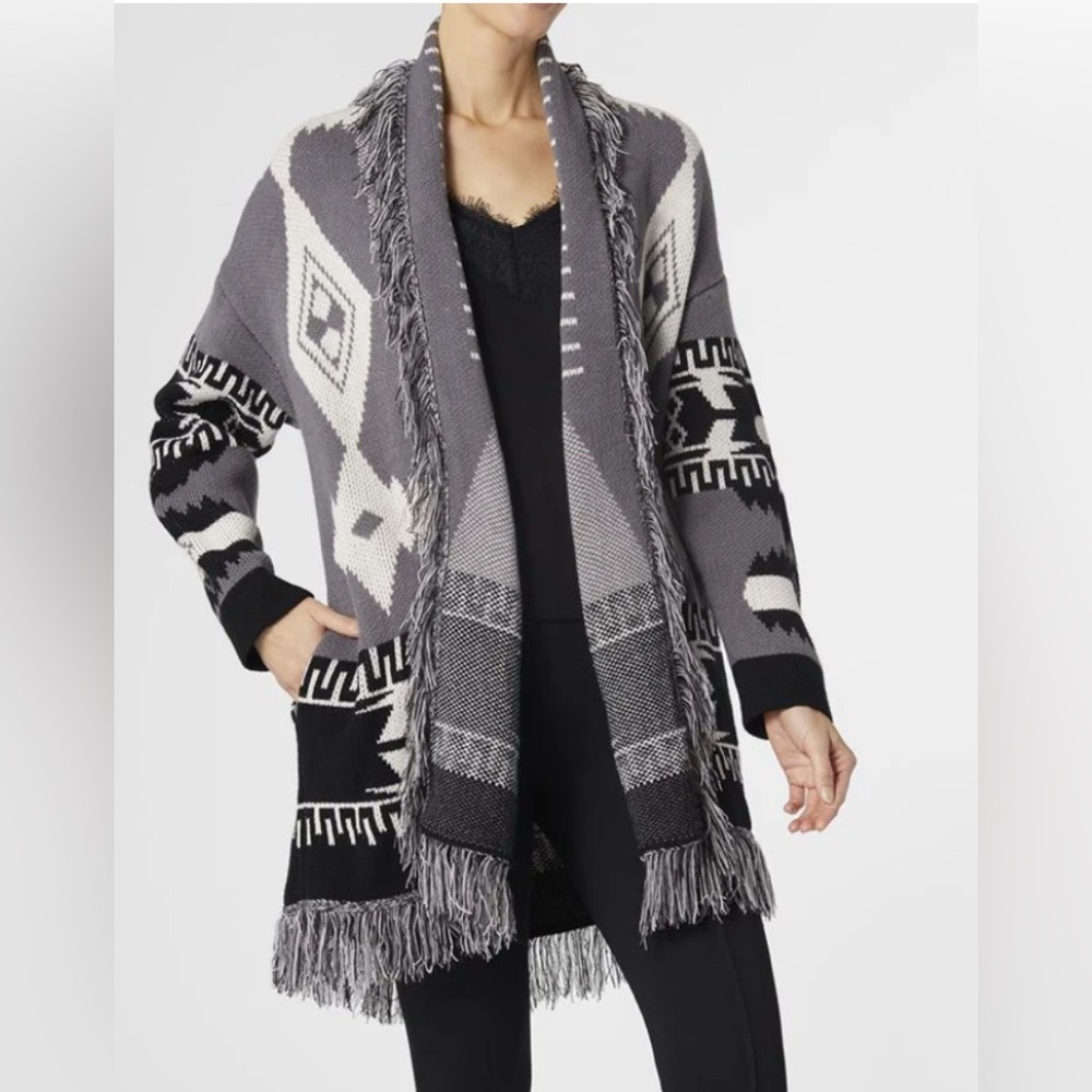 Fringed Geometric Open-Front Sweater Cardigan - Gray/Black/White